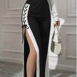 Kadın Yüksek Bel Yandan çapraz Bağcıklı Yırtmaçlı Viskon Iki Iplik Pantolon , 30786