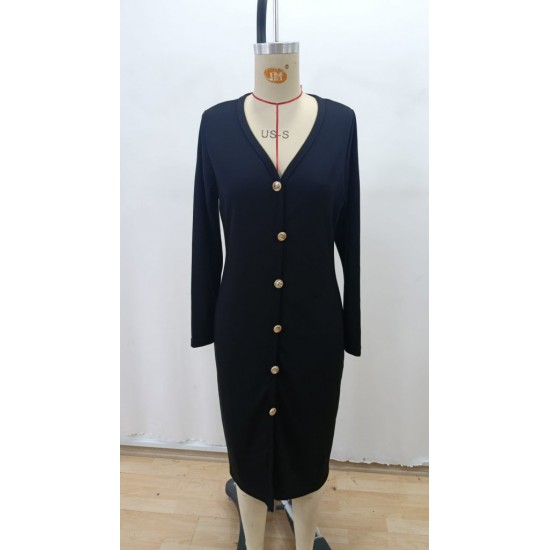 Kadın Uzun Kollu V Yakalı önden Düğmeli Yırtmaçlı Modal Midi Kemersiz Elbise , 30785