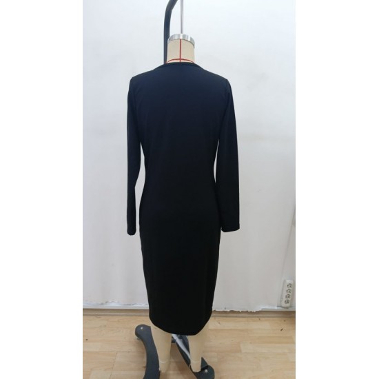 Kadın Uzun Kollu V Yakalı önden Düğmeli Yırtmaçlı Modal Midi Kemersiz Elbise , 30785