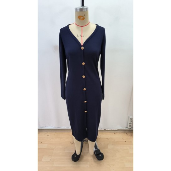 Kadın Uzun Kollu V Yakalı önden Düğmeli Yırtmaçlı Modal Midi Kemersiz Elbise, 30784