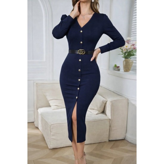 Kadın Uzun Kollu V Yakalı önden Düğmeli Yırtmaçlı Modal Midi Kemersiz Elbise, 30784