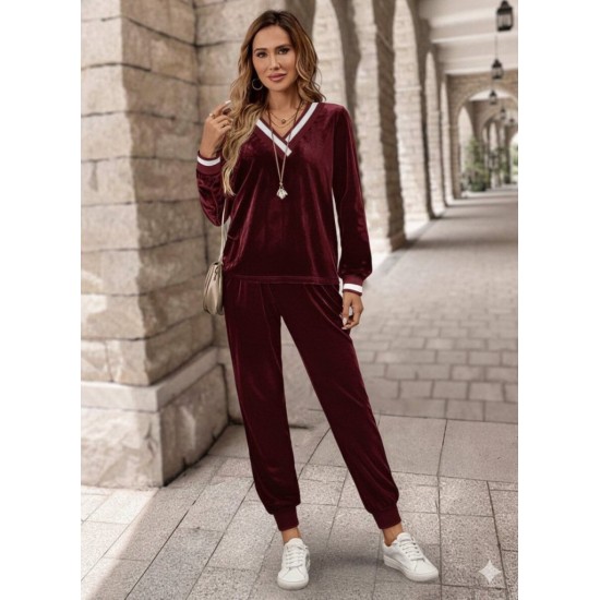 Kadın Uzun Kollu V Yaka Kadife Bluz Ve Pantolon Ikili Takım , 30783