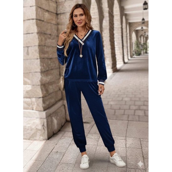 Kadın Uzun Kollu V Yaka Kadife Bluz Ve Pantolon Ikili Takım , 30782