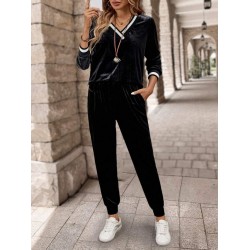 Kadın Uzun Kollu V Yaka Kadife Bluz Ve Pantolon Ikili Takım , 30781