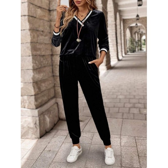 Kadın Uzun Kollu V Yaka Kadife Bluz Ve Pantolon Ikili Takım , 30781