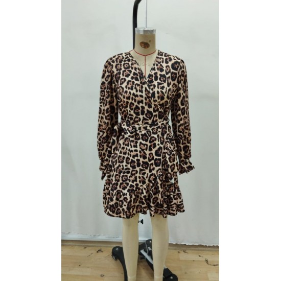 Kadın Uzun Kollu Kruvaze Yakalı Fırfırlı Belden Kuşaklı Leopar Desen Modal Elbise, 30779
