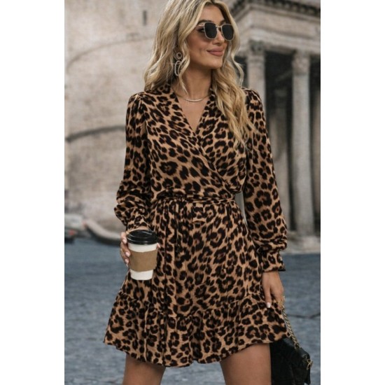 Kadın Uzun Kollu Kruvaze Yakalı Fırfırlı Belden Kuşaklı Leopar Desen Modal Elbise, 30779