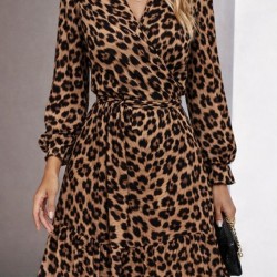 Kadın Uzun Kollu Kruvaze Yakalı Fırfırlı Belden Kuşaklı Leopar Desen Modal Elbise, 30779