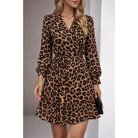 Kadın Uzun Kollu Kruvaze Yakalı Fırfırlı Belden Kuşaklı Leopar Desen Modal Elbise, 30779