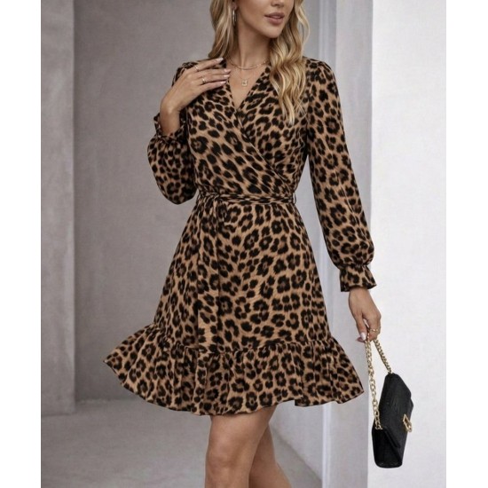 Kadın Uzun Kollu Kruvaze Yakalı Fırfırlı Belden Kuşaklı Leopar Desen Modal Elbise, 30779
