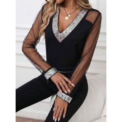 Kadın Uzun Kollu V Yakalı Tül Detaylı Ithal Krep Bluz, 30815