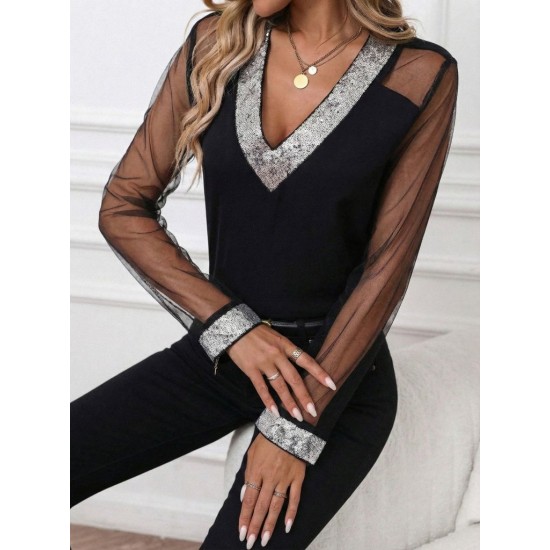 Kadın Uzun Kollu V Yakalı Tül Detaylı Ithal Krep Bluz, 30815 Kadın Uzun Kollu V Yakalı Tül Detaylı Ithal Krep Bluz, 30815