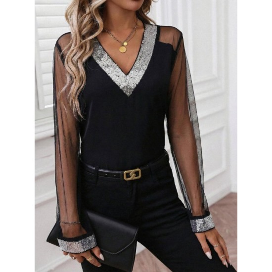 Kadın Uzun Kollu V Yakalı Tül Detaylı Ithal Krep Bluz, 30815 Kadın Uzun Kollu V Yakalı Tül Detaylı Ithal Krep Bluz, 30815