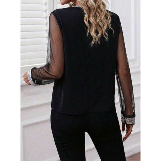 Kadın Uzun Kollu V Yakalı Tül Detaylı Ithal Krep Bluz, 30815 Kadın Uzun Kollu V Yakalı Tül Detaylı Ithal Krep Bluz, 30815