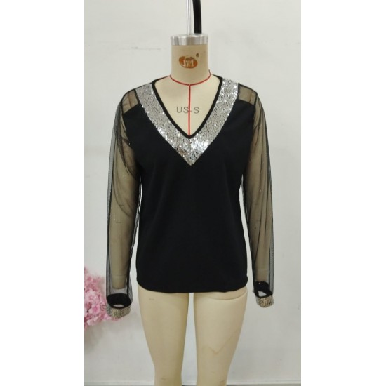 Kadın Uzun Kollu V Yakalı Tül Detaylı Ithal Krep Bluz, 30815 Kadın Uzun Kollu V Yakalı Tül Detaylı Ithal Krep Bluz, 30815