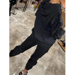 Kadın Uzun Kollu Kapşonlu Pulpayet Detay Viskon Iki Iplik Bluz Ve Pantolon Ikili Takım , 30829