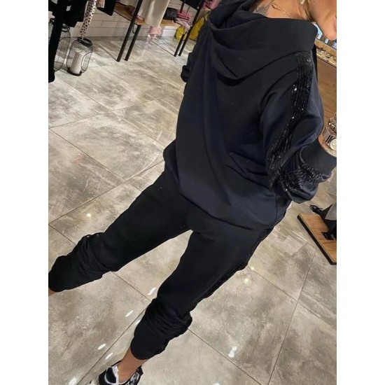 Kadın Uzun Kollu Kapşonlu Pulpayet Detay Viskon Iki Iplik Bluz Ve Pantolon Ikili Takım , 30829