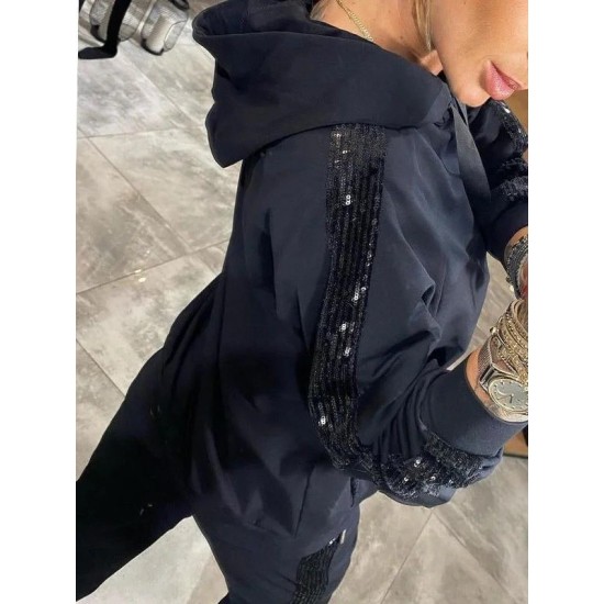 Kadın Uzun Kollu Kapşonlu Pulpayet Detay Viskon Iki Iplik Bluz Ve Pantolon Ikili Takım , 30829