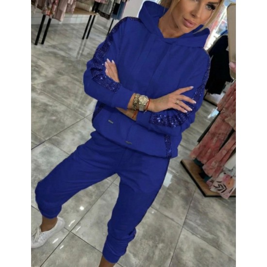 Kadın Uzun Kollu Kapşonlu Pulpayet Detay Viskon Iki Iplik Bluz Ve Pantolon Ikili Takım , 30828