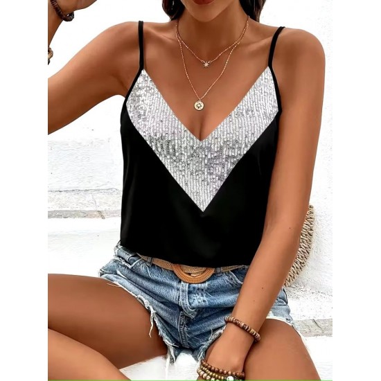 Kadın Ip Askılı V Yakalı Pulpayet Detaylı Sandy Gümüş Bluz , 30824