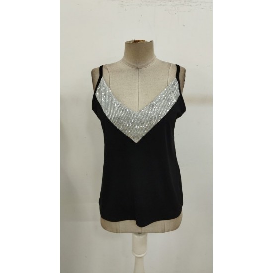 Kadın Ip Askılı V Yakalı Pulpayet Detaylı Sandy Gümüş Bluz , 30824