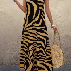 Kadın Askılı Yuvarlak Yakalı Desenli Uzun Süprem Elbise , 30822