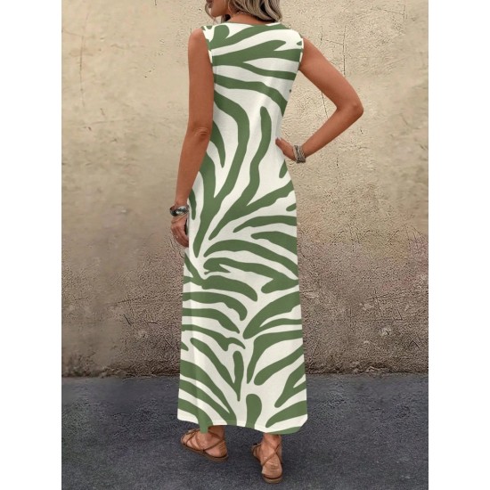 Kadın Askılı Yuvarlak Yakalı Desenli Uzun Süprem Elbise , 30821