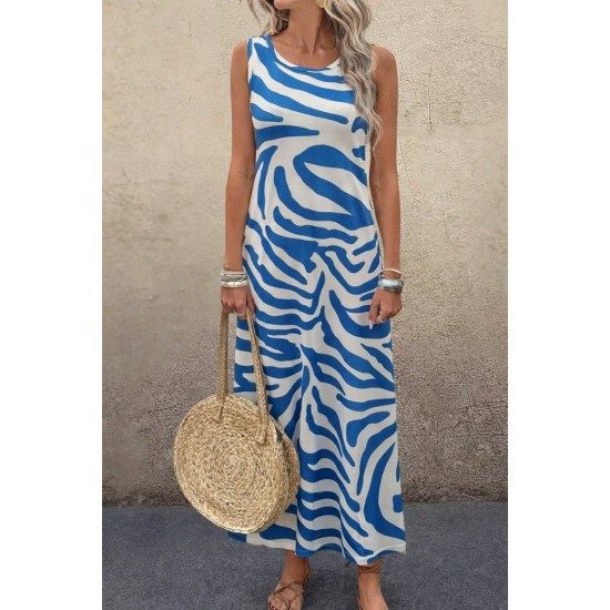 Kadın Askılı Yuvarlak Yakalı Desenli Uzun Süprem Elbise , 30820