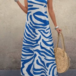 Kadın Askılı Yuvarlak Yakalı Desenli Uzun Süprem Elbise , 30820