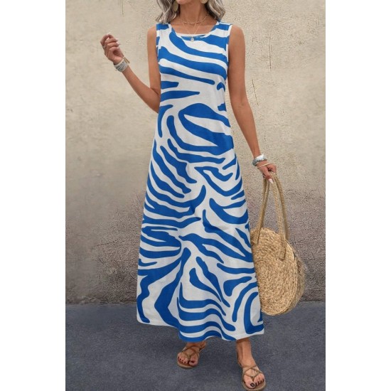 Kadın Askılı Yuvarlak Yakalı Desenli Uzun Süprem Elbise , 30820