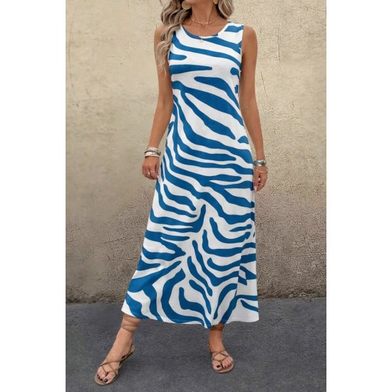 Kadın Askılı Yuvarlak Yakalı Desenli Uzun Süprem Elbise , 30820