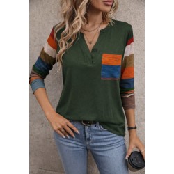 Kadın Uzun Kollu V Yakalı Cepli çok Renkli Viskon Bluz , 30819