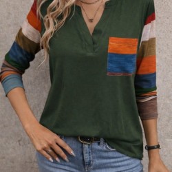 Kadın Uzun Kollu V Yakalı Cepli çok Renkli Viskon Bluz , 30819
