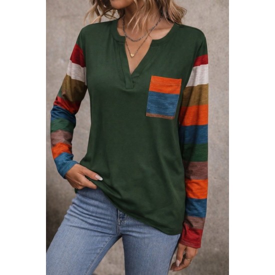 Kadın Uzun Kollu V Yakalı Cepli çok Renkli Viskon Bluz , 30819