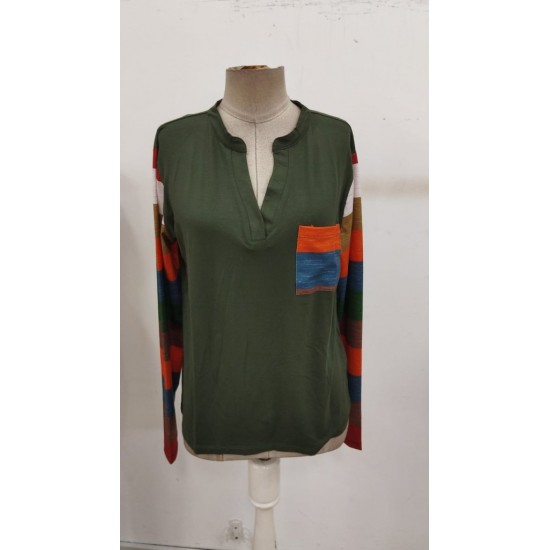 Kadın Uzun Kollu V Yakalı Cepli çok Renkli Viskon Bluz , 30819