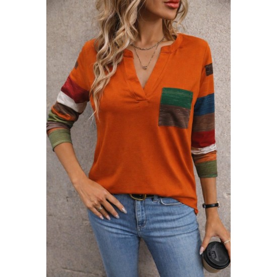 Kadın Uzun Kollu V Yakalı Cepli çok Renkli Viskon Bluz , 30818