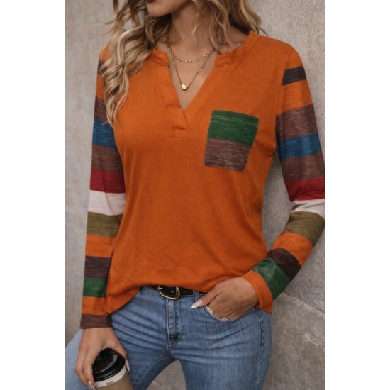 Kadın Uzun Kollu V Yakalı Cepli çok Renkli Viskon Bluz , 30818