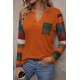 Kadın Uzun Kollu V Yakalı Cepli çok Renkli Viskon Bluz , 30818