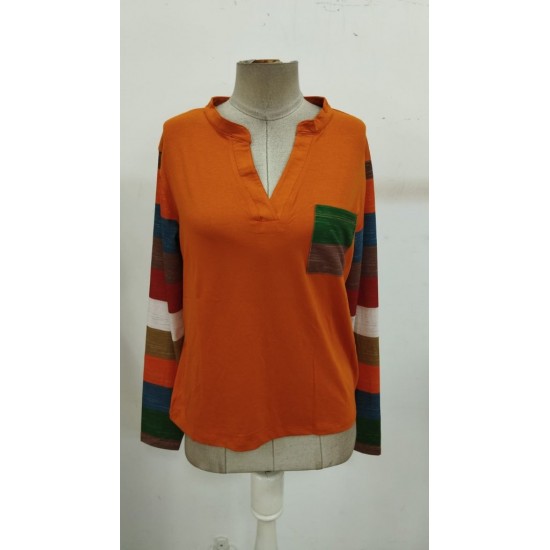 Kadın Uzun Kollu V Yakalı Cepli çok Renkli Viskon Bluz , 30818