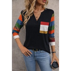 Kadın Uzun Kollu V Yakalı Cepli çok Renkli Viskon Bluz , 30817