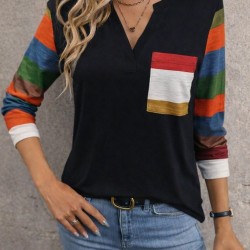 Kadın Uzun Kollu V Yakalı Cepli çok Renkli Viskon Bluz , 30817