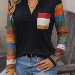 Kadın Uzun Kollu V Yakalı Cepli çok Renkli Viskon Bluz , 30817