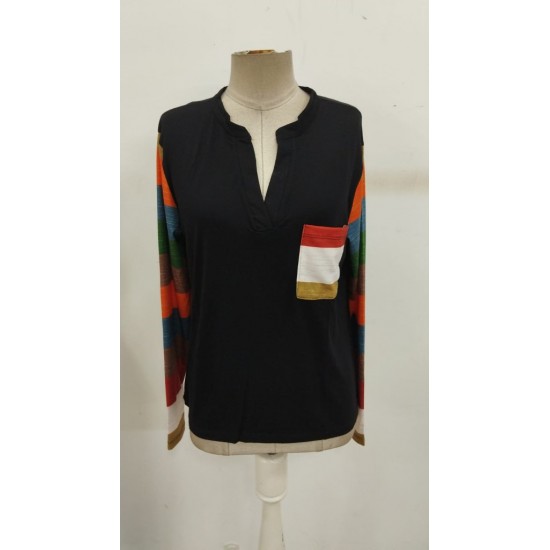 Kadın Uzun Kollu V Yakalı Cepli çok Renkli Viskon Bluz , 30817