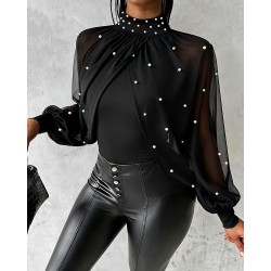 Kadın Balıkçı Yaka Incili Pelerin Ithal Krep Bluz , 30832