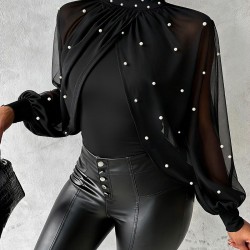 Kadın Balıkçı Yaka Incili Pelerin Ithal Krep Bluz , 30832