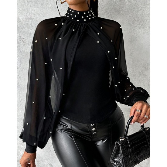 Kadın Balıkçı Yaka Incili Pelerin Ithal Krep Bluz , 30832