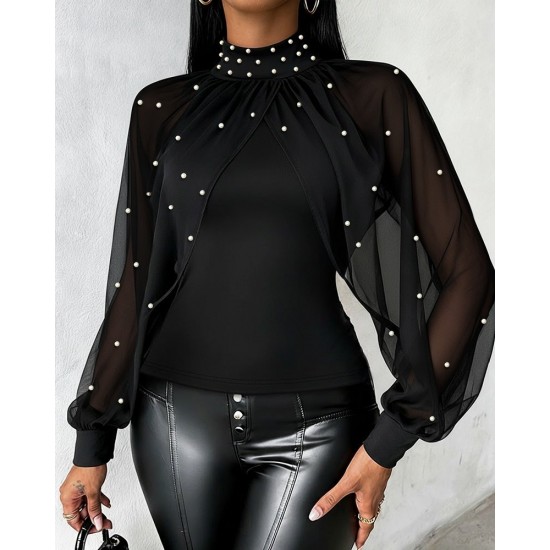 Kadın Balıkçı Yaka Incili Pelerin Ithal Krep Bluz , 30832