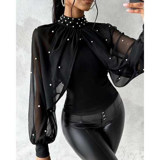 Kadın Balıkçı Yaka Incili Pelerin Ithal Krep Bluz , 30832