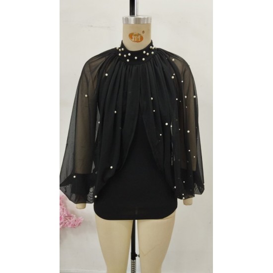 Kadın Balıkçı Yaka Incili Pelerin Ithal Krep Bluz , 30832