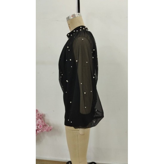 Kadın Balıkçı Yaka Incili Pelerin Ithal Krep Bluz , 30832